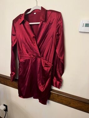 Satin Wrap-Style Dress in Deep Wine Red